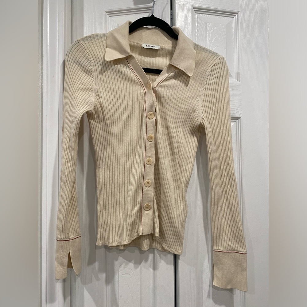 Sandro Cream Ribbed Cardigan